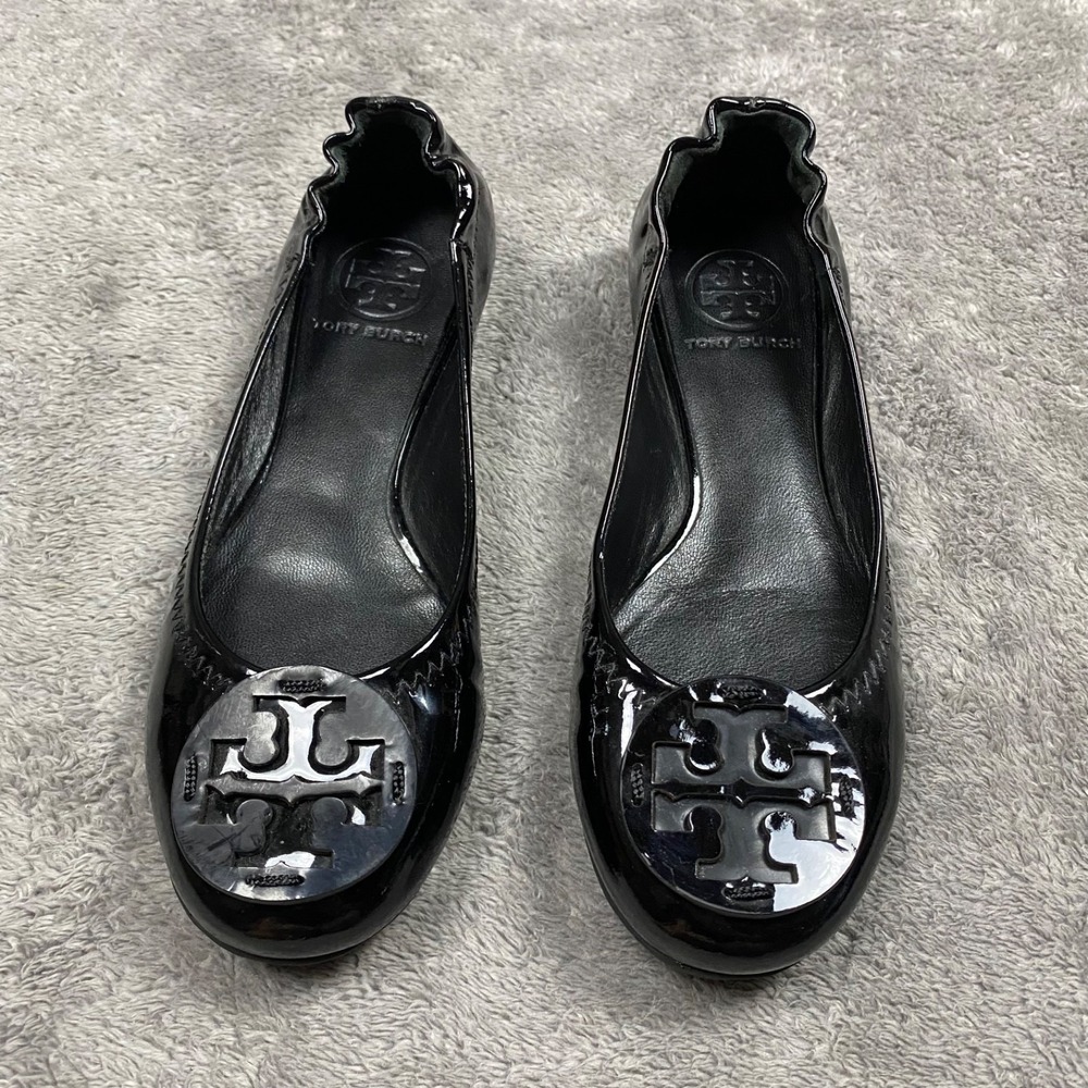 Torry Burch Patent Flat Ballet‎ Shoes Womens Size 6M Black Leather